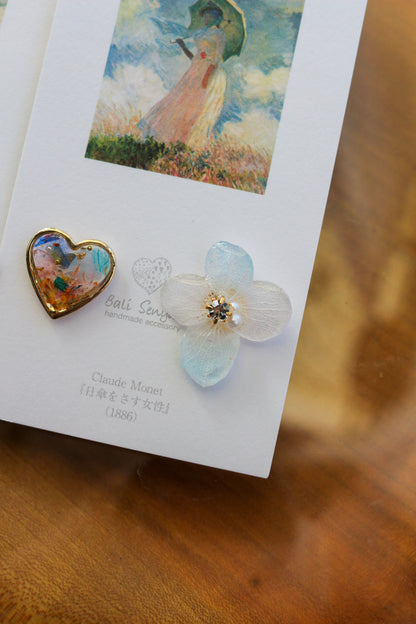 Monet Inspired Flower Earrings No.7 ピアスTitanium Pierce 日傘をさす女性