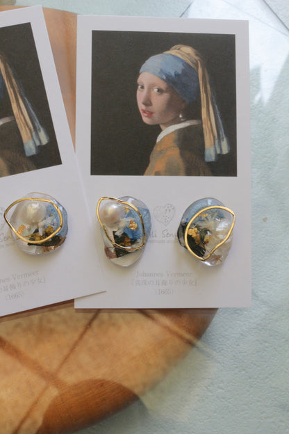 Vermeer's Inspired Flower & Pearl Earrings  No.1 イヤリング Clip-on 真珠の耳飾りの少女