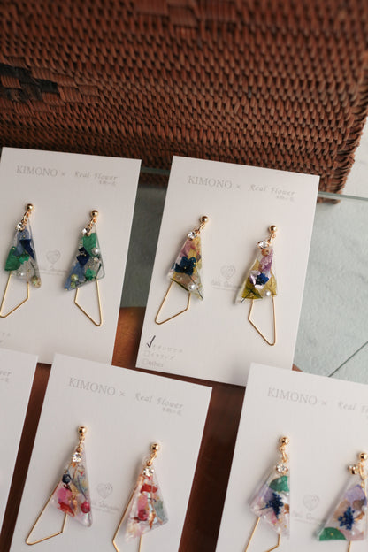 Triangular Floral Earrings - KIMONO Art Jewelry No.2 ピアス or イヤリング