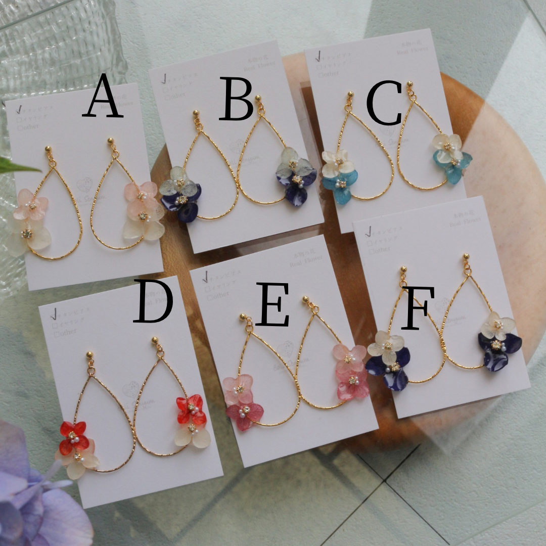Teardrop Hoop Earrings with Hydrangeas No.23 ピアスorイヤリング