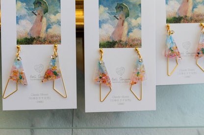 Claude Monet Woman with a Parasol Inspired Triangular Floral Earrings-散歩（日傘をさす女性）