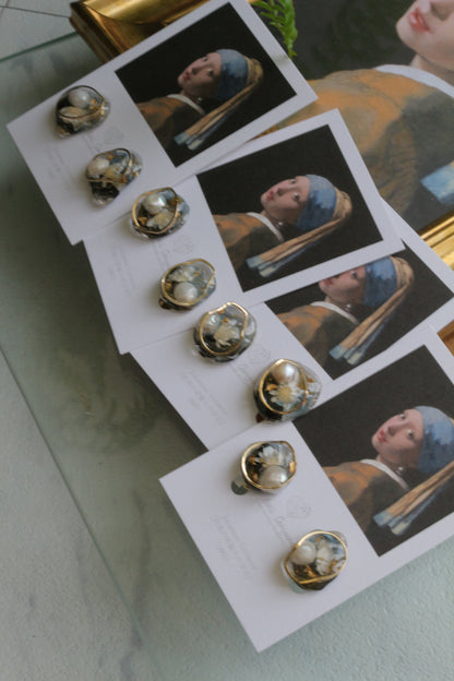 Vermeer's Inspired Flower & Pearl Earrings  No.5 イヤリング Clip-on 真珠の耳飾りの少女