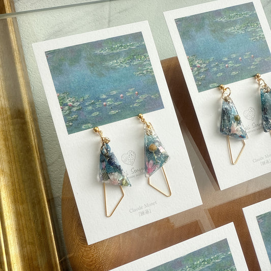 Claude Monet Water Lilies Inspired Triangular Floral Earrings -  No.28