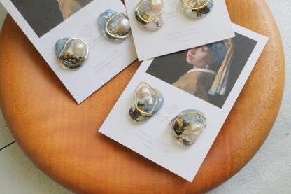 Vermeer's Inspired Flower & Pearl Earrings  No.1 イヤリング Clip-on 真珠の耳飾りの少女