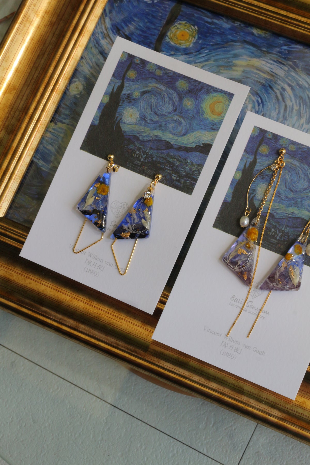 Gogh The Starry Night Inspired Triangular Floral Earrings-星月夜