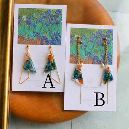 Gogh Inspired Triangular Floral Earrings-アイリス