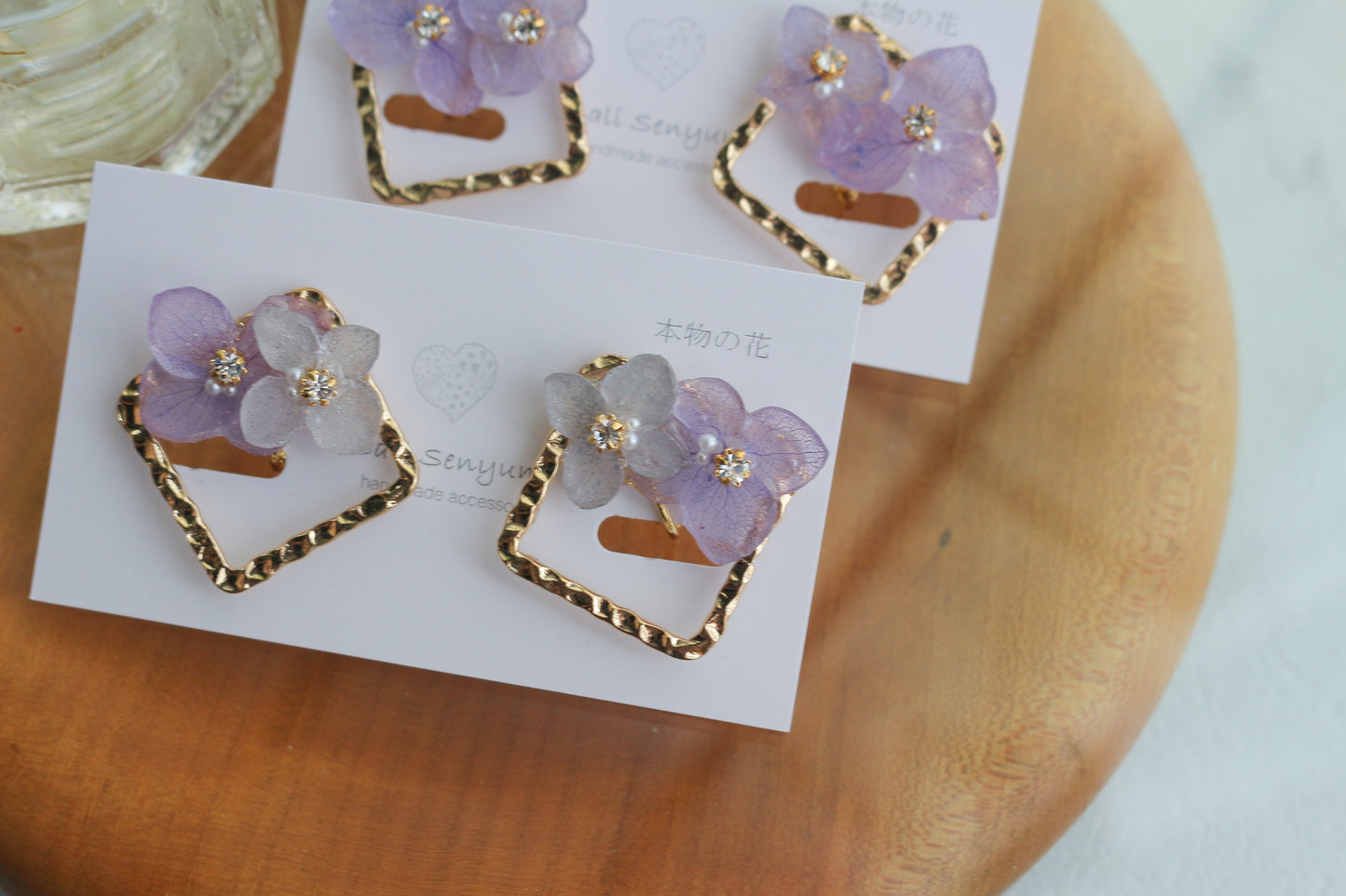 Square Metal with Hydrangea イヤリング Clip-on No.2