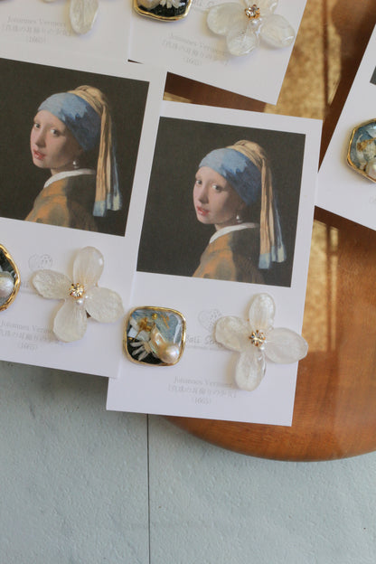 Vermeer's Inspired Flower and Medallion No.4 イヤリング Clip-on 真珠の耳飾りの少女