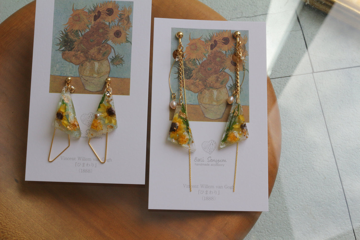 Gogh Inspired Triangular Floral Earrings-ひまわり