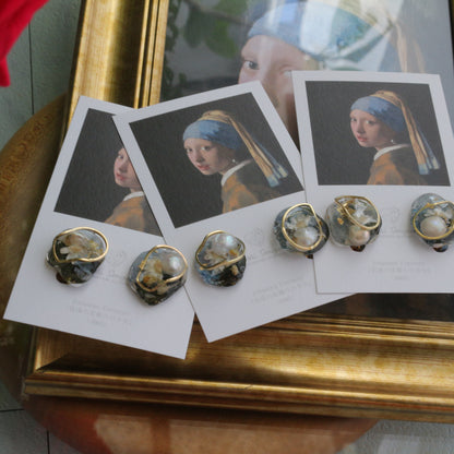Vermeer's Inspired Flower & Pearl Earrings  No.7イヤリング Clip-on 真珠の耳飾りの少女