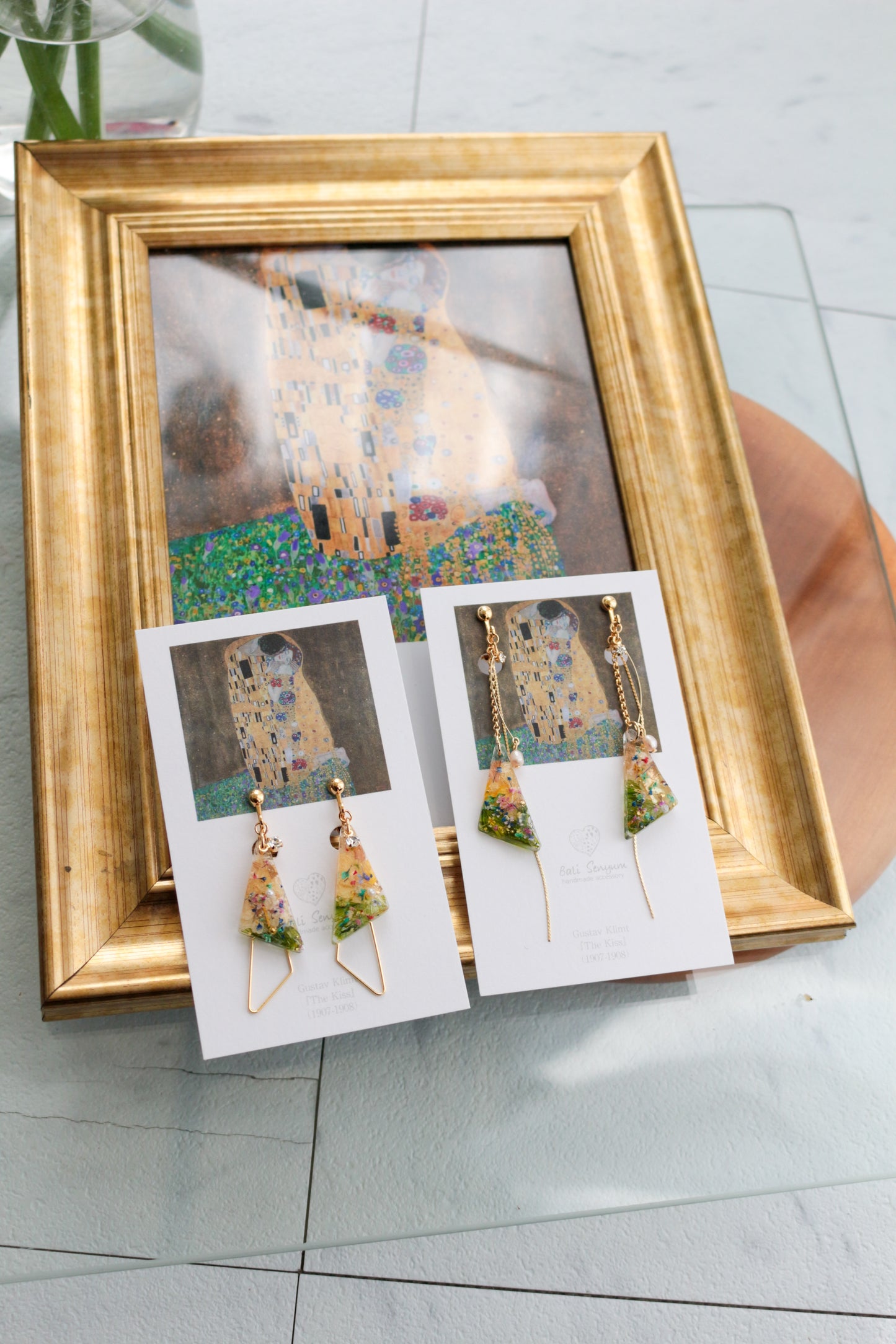 Gustav Klimt Inspired Triangular Floral Earrings - Kiss