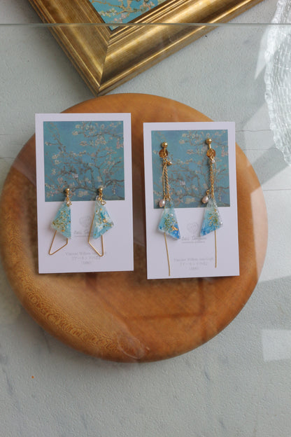 Gogh Almond Tree in Blossom Inspired Triangular Floral Earrings-アーモンドの花