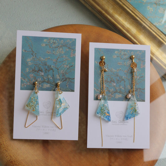 Gogh Almond Tree in Blossom Inspired Triangular Floral Earrings-アーモンドの花