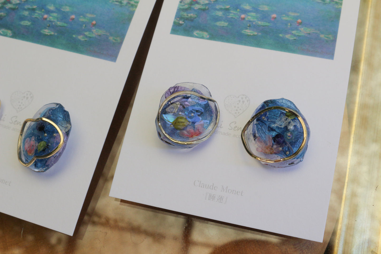 Monet Inspired Flower Medallion Earrings No.3 樹脂ノンホールピアス Plastic Clip-on 睡蓮