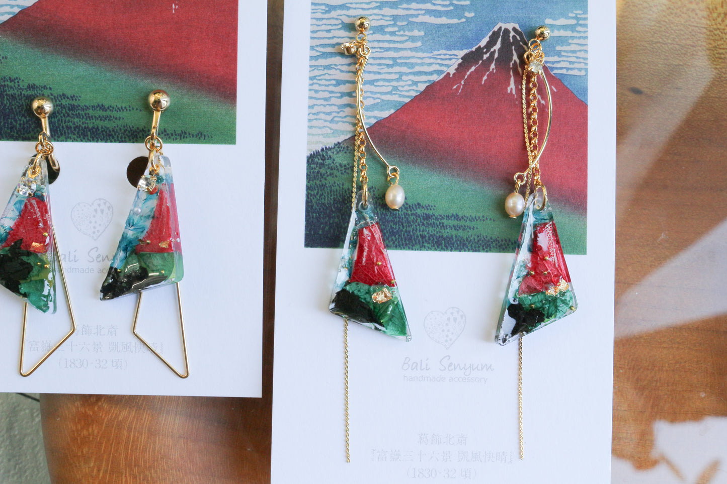 Hokusai Katsushika Inspired Triangular Floral Earrings -『富嶽三十六景』