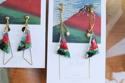 Hokusai Katsushika Inspired Triangular Floral Earrings -『富嶽三十六景』