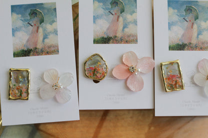 Monet Inspired Flower Earrings No.15 イヤリングClip-on 日傘をさす女性
