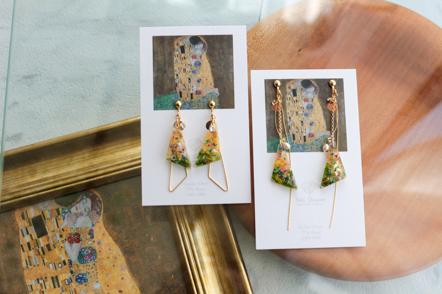 Gustav Klimt Inspired Triangular Floral Earrings - Kiss