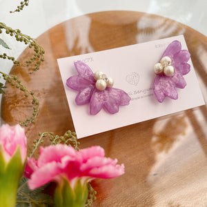 Purple Flower with Japanese Cotton Pearl Earrings -  Titanium Pierce