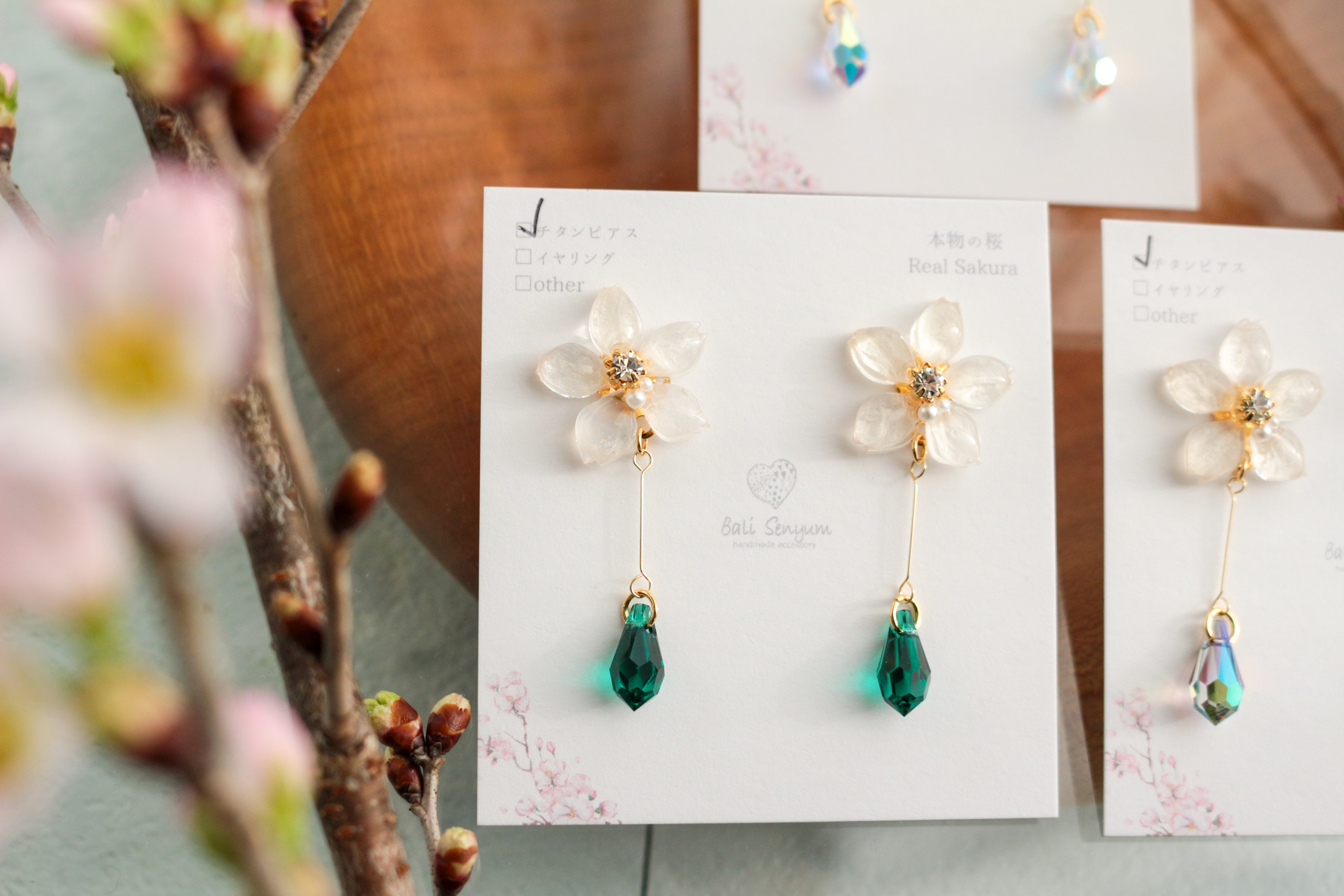 Someiyoshino Sakura Earrings with Hanging Sparkling Gem No.2