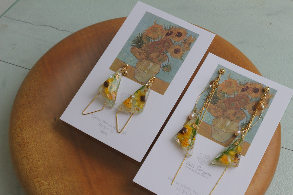 Gogh Inspired Triangular Floral Earrings-ひまわり