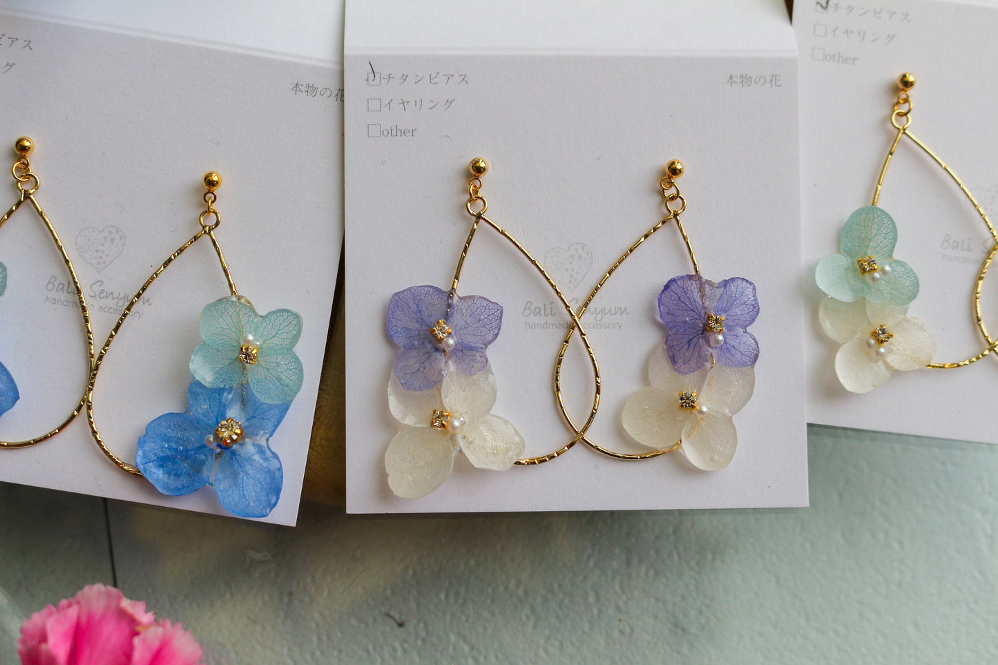 Teardrop Hoop Earrings with Hydrangeas No.15