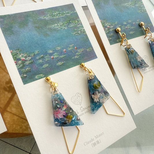 Claude Monet Water Lilies Inspired Triangular Floral Earrings -  No.38