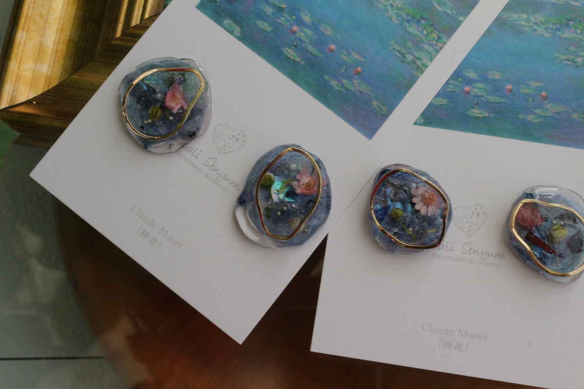 Monet Inspired Flower Medallion Earrings No.7 ピアスTitanium Pierce 睡蓮