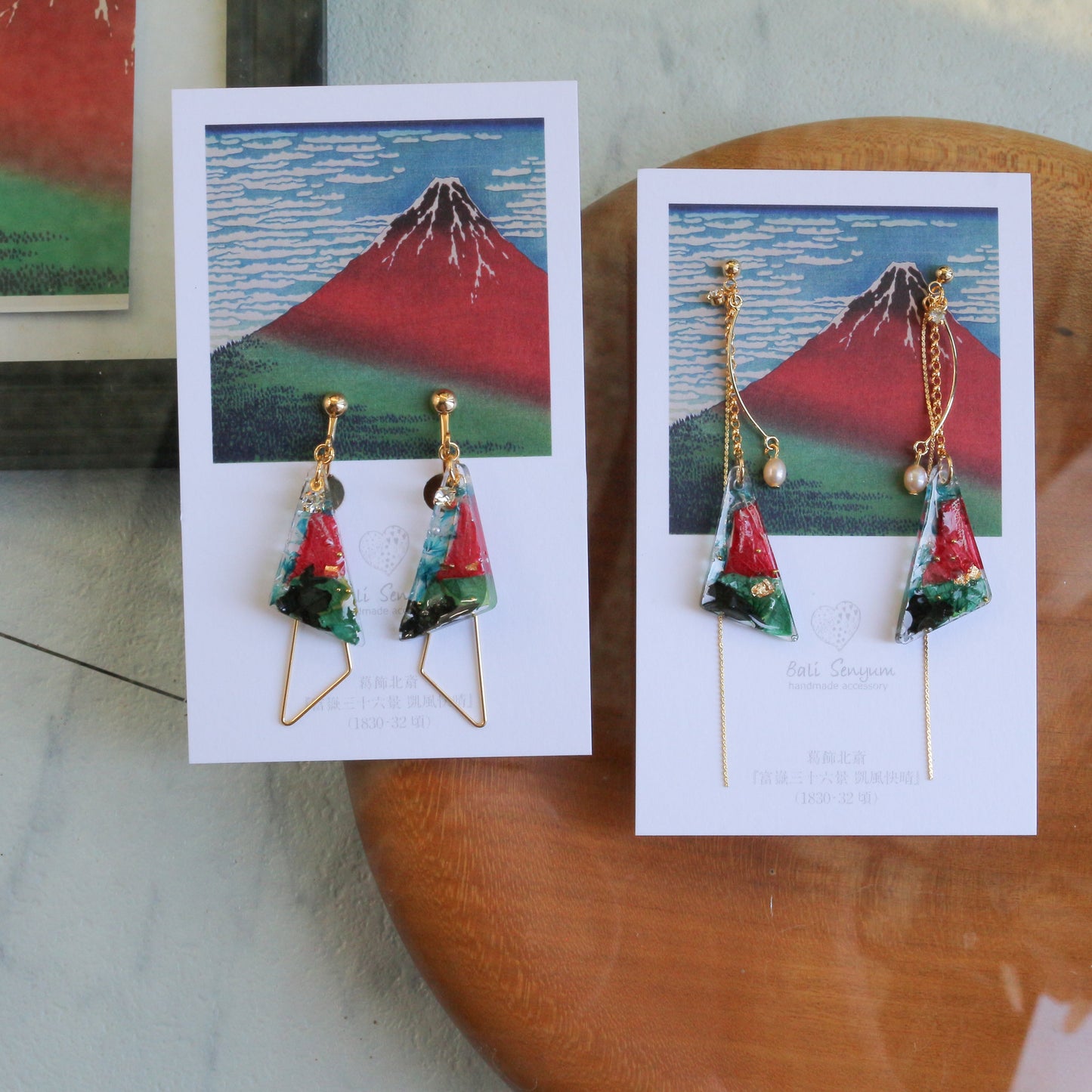 Hokusai Katsushika Inspired Triangular Floral Earrings -『富嶽三十六景』