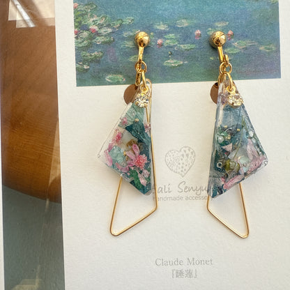 Claude Monet Water Lilies Inspired Triangular Floral Earrings -  No.34