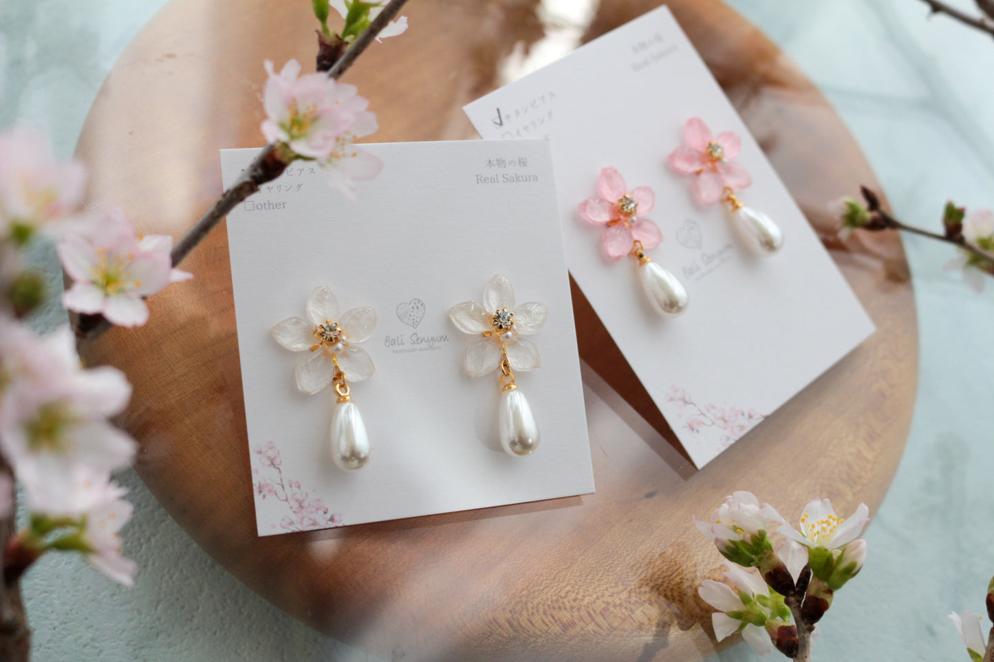Small Someiyoshino Sakura Earrings with Drop Pearl