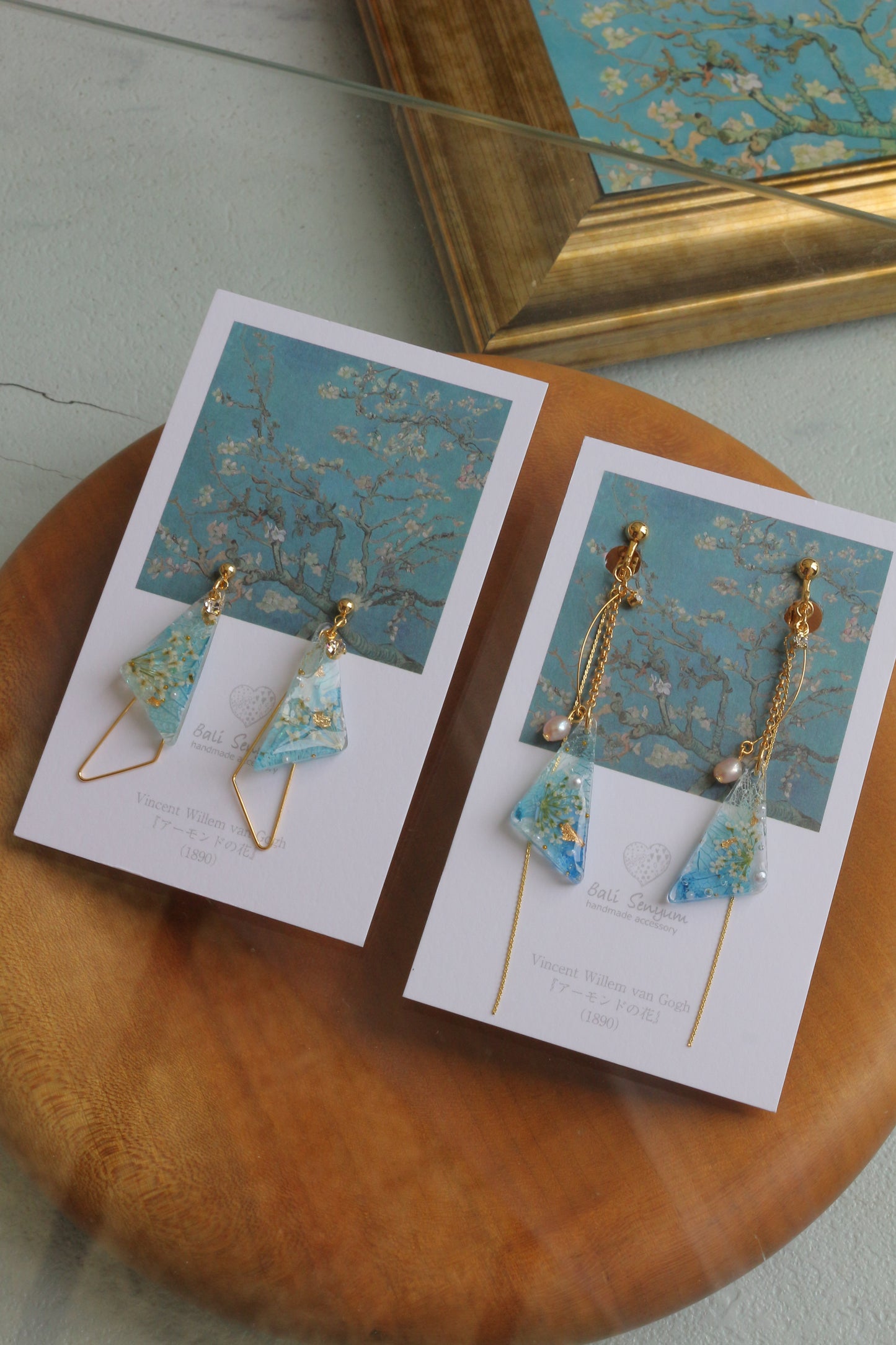 Gogh Almond Tree in Blossom Inspired Triangular Floral Earrings-アーモンドの花