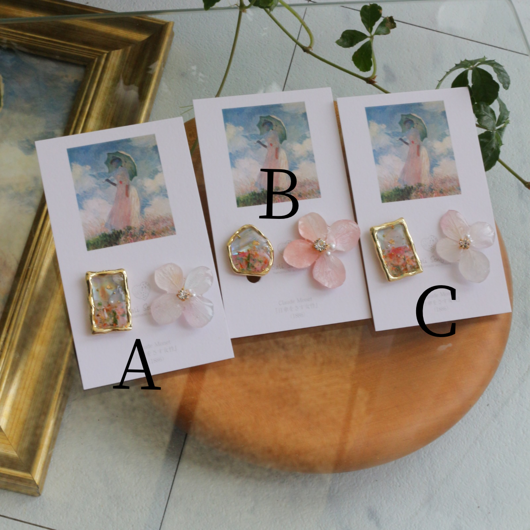 Monet Inspired Flower Earrings No.15 イヤリングClip-on 日傘をさす女性