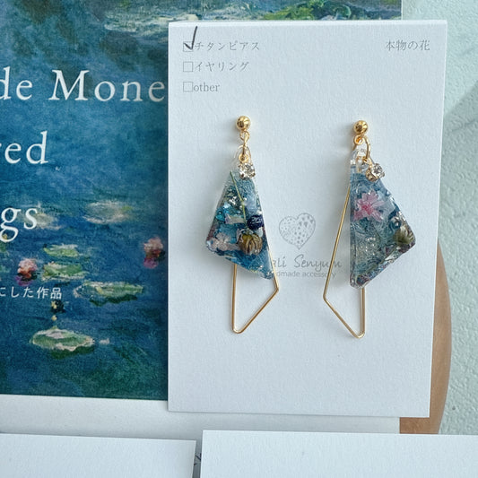 Claude Monet Water Lilies Inspired Triangular Floral Earrings -  No.27