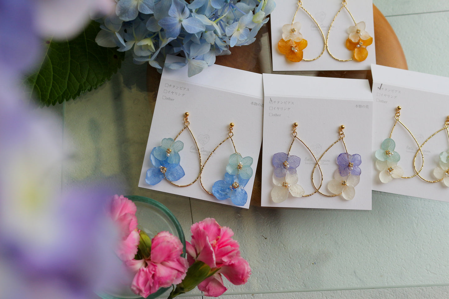 Teardrop Hoop Earrings with Hydrangeas No.15