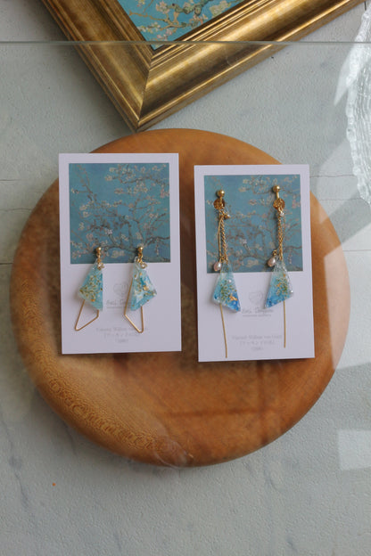 Gogh Almond Tree in Blossom Inspired Triangular Floral Earrings-アーモンドの花