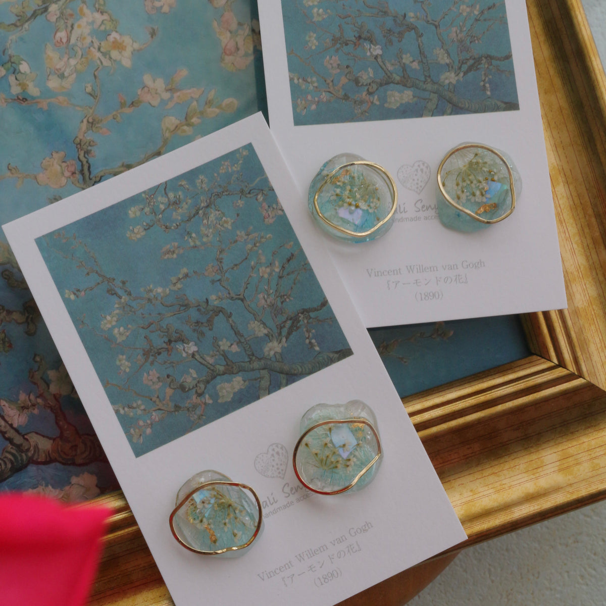 Gogh Inspired Flower Medallion Earrings No.2 ピアスTitanium Pierce アーモンドの花