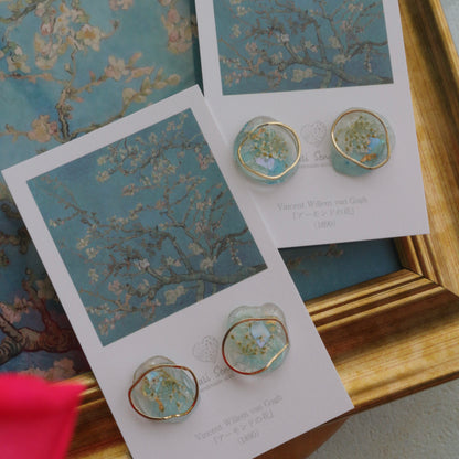 Gogh Inspired Flower Medallion Earrings No.2 ピアスTitanium Pierce アーモンドの花