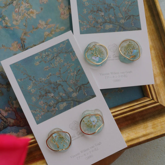 Gogh Inspired Flower Medallion Earrings No.2 ピアスTitanium Pierce アーモンドの花