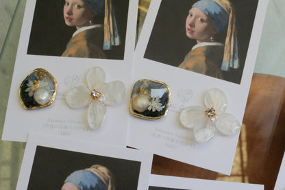 Vermeer's Inspired Flower and Medallion No.4 イヤリング Clip-on 真珠の耳飾りの少女