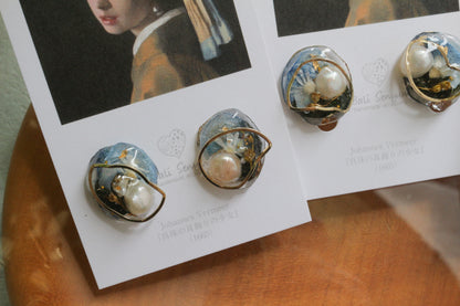 Vermeer's Inspired Flower & Pearl Earrings  No.3 イヤリング Clip-on 真珠の耳飾りの少女