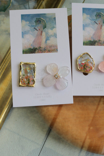 Monet Inspired Flower Earrings No.15 イヤリングClip-on 日傘をさす女性