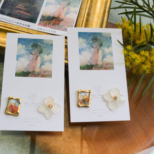 Monet Inspired Flower Earrings No.9 ピアスTitanium Pierce 日傘をさす女性