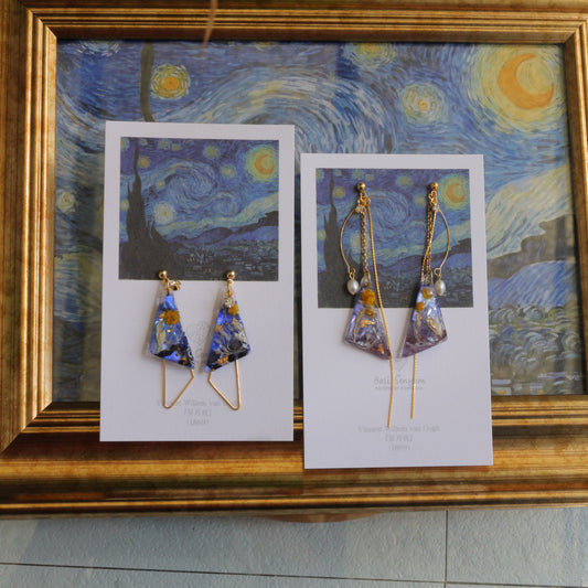Gogh The Starry Night Inspired Triangular Floral Earrings-星月夜
