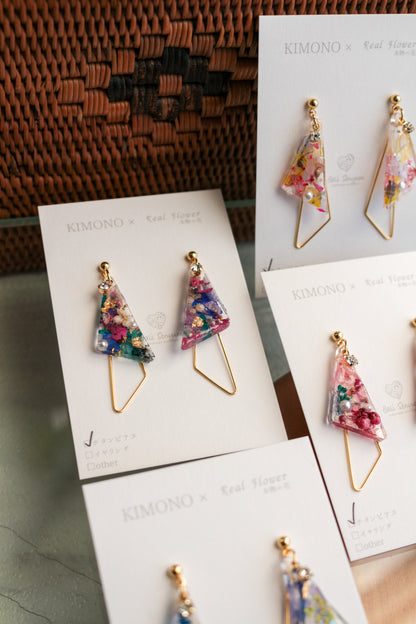 Triangular Floral Earrings - KIMONO Art Jewelry No.3 ピアス or イヤリング