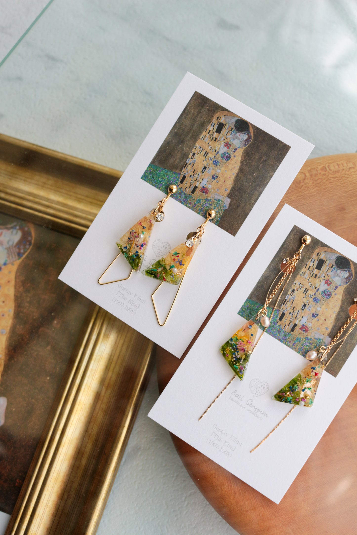 Gustav Klimt Inspired Triangular Floral Earrings - Kiss