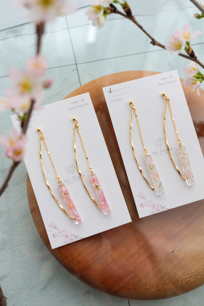Dangling Sakura Flower Stick 2 Earrings with Pearl