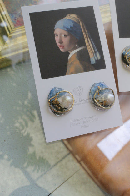 Vermeer's Inspired Flower & Pearl Earrings  No.1 イヤリング Clip-on 真珠の耳飾りの少女