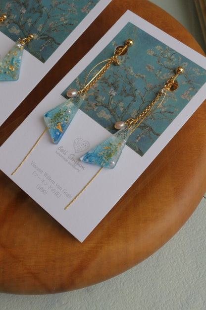Gogh Almond Tree in Blossom Inspired Triangular Floral Earrings-アーモンドの花