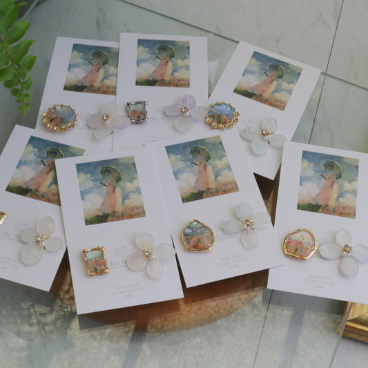 Monet Inspired Flower Earrings No.20 イヤリングClip-on 日傘をさす女性